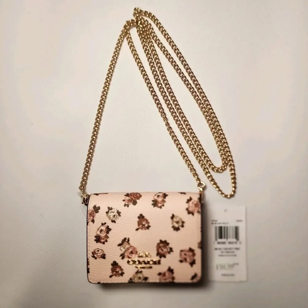 NWT COACH CZ022 Mini Leather Wallet On Chain Blush Pink Roses Rosette